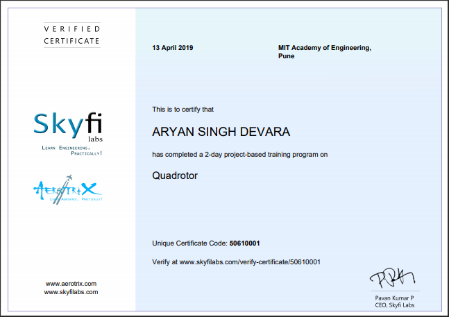 Quadcopter workshop certificate