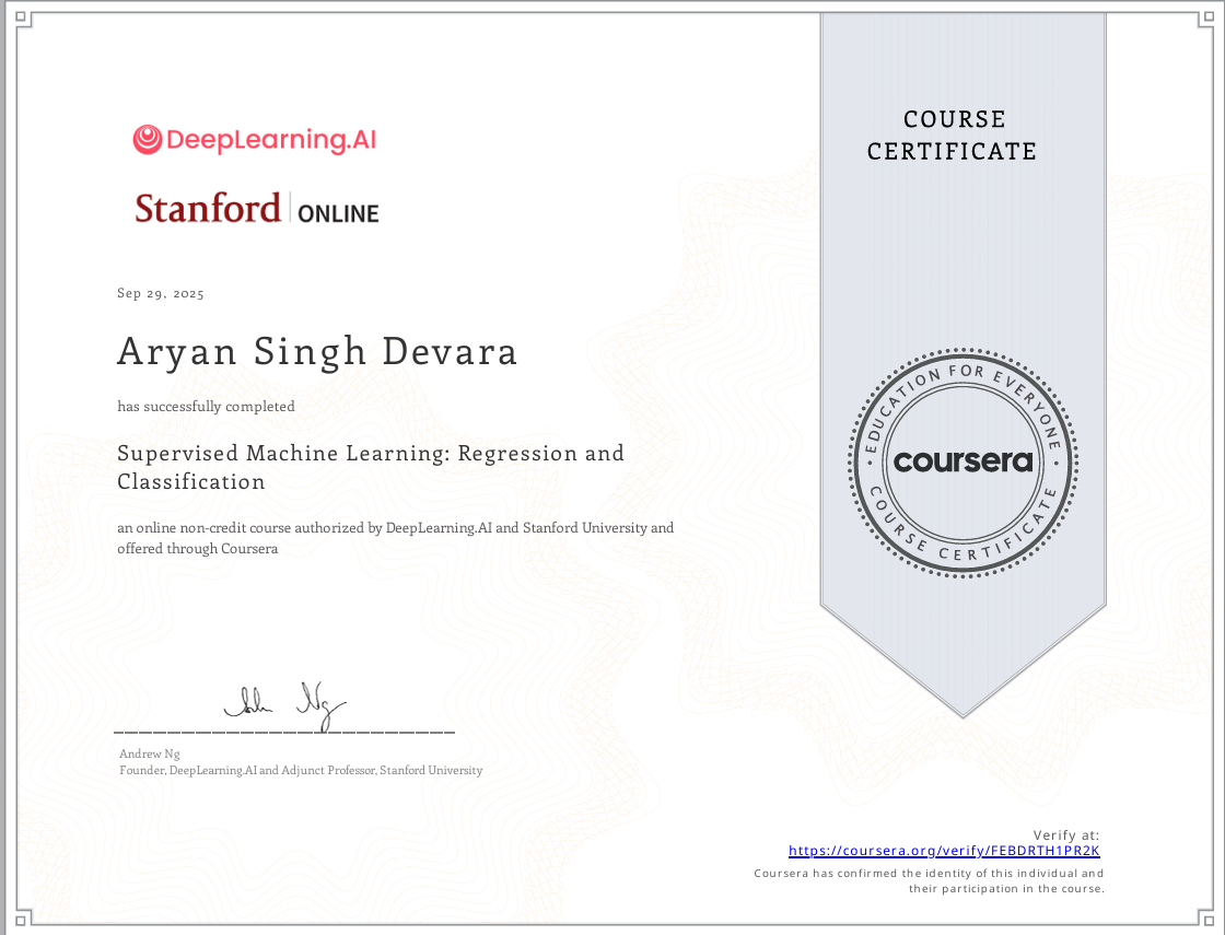 Stanford Supervised ML certificate